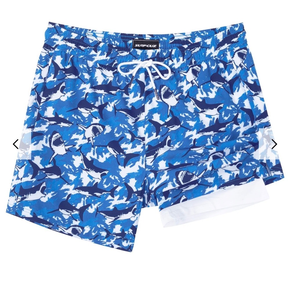 SurfCuz Mens Shark Camo Swim Trunks Shorts 2-in-1 Compression Liner Blue Small